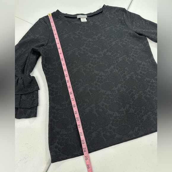 Jade Mackenzie Black Floral Textured Ruffle Bell Sleeve Blouse Modest Feminine L - Picture 5 of 7